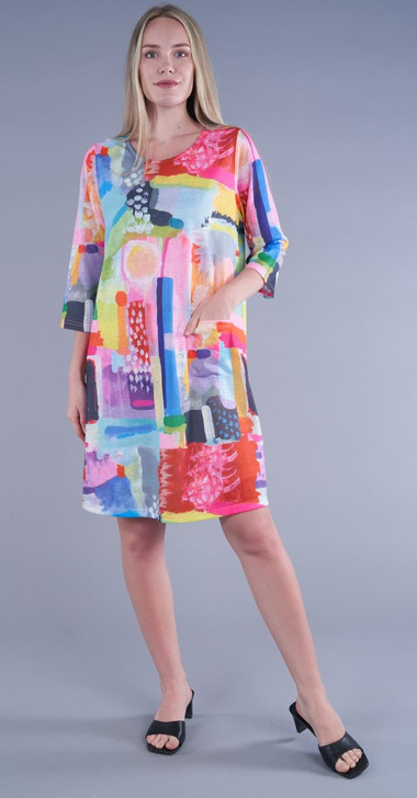 Shana Abstract Print One Pocket Knit  Dress (24116-PINK-6) PNK/MULTI