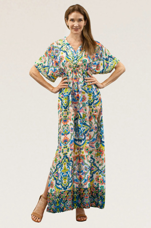 Kyla Seo Mia Multi-Floral Dolman Sleeve V-Neck Long Dress (LKNC23-P307) WHT/BLU/GRN
