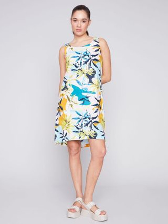 Charlie B Resort Print Sleeveless Linen Dress (C3154R/032B-P576) WHT/BLU/YEL