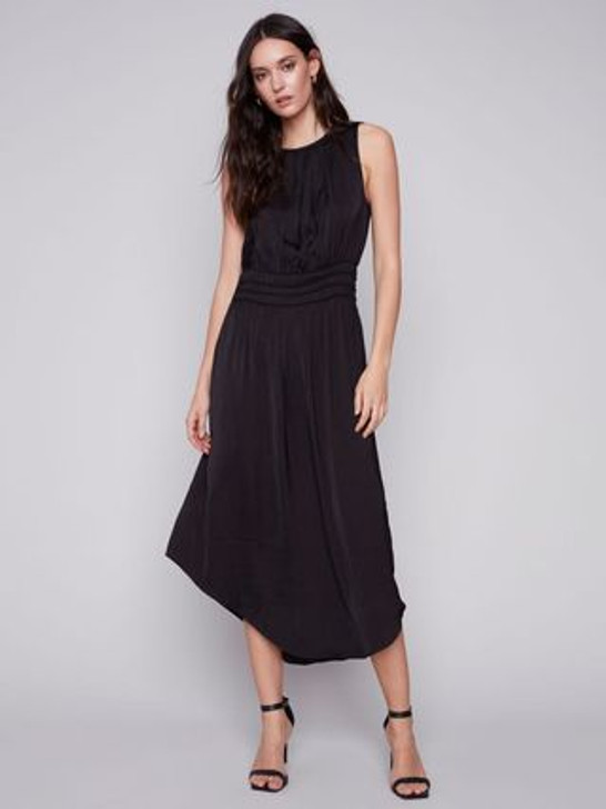 Charlie B Crewneck Sleeveless Ruched Waistband Solid Dress (C3175/794B-001) BLK