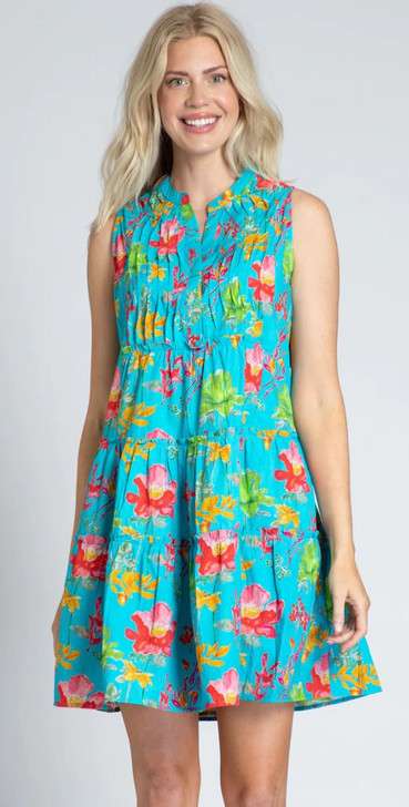 APNY Aqua Floral Sleeveless Tiered Pin Tuck Dress (T24P/B-431D/CT)