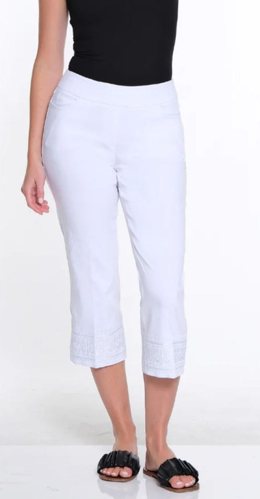 Multiples Pull-On Embroidered Hem Crop Pant (M24707PM) WHT