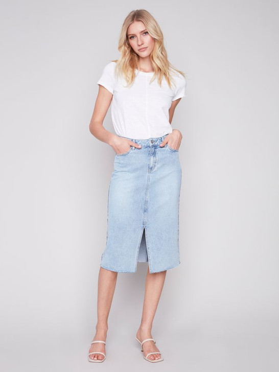 Charlie B Frayed Hem Denim Skirt (C7069-301B-140) LT BLU