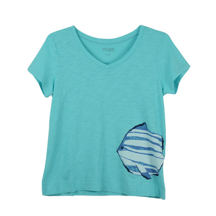 Escape Stripe Fish V-Neck Tee (48100) TURQ