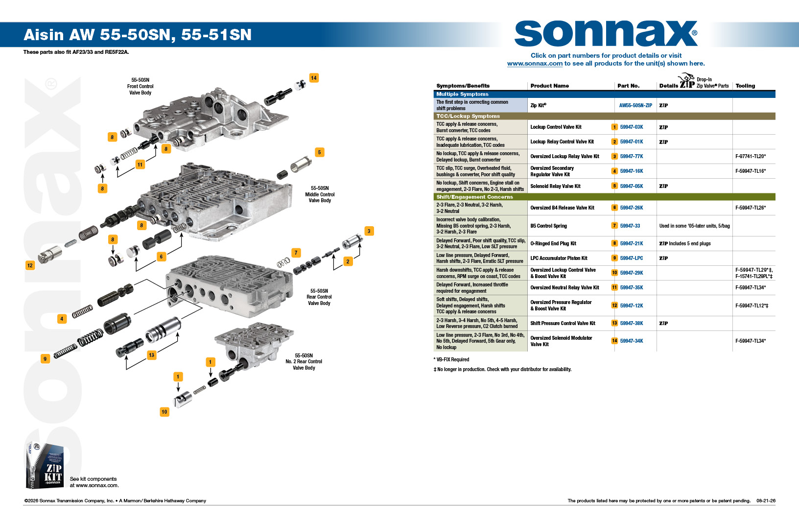 Aisin AW 55-50SN, 55-51SN Valve Body Layout