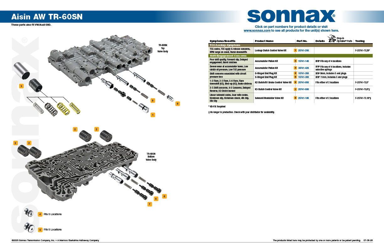 Aisin AW TR-60SN Valve Body Layout