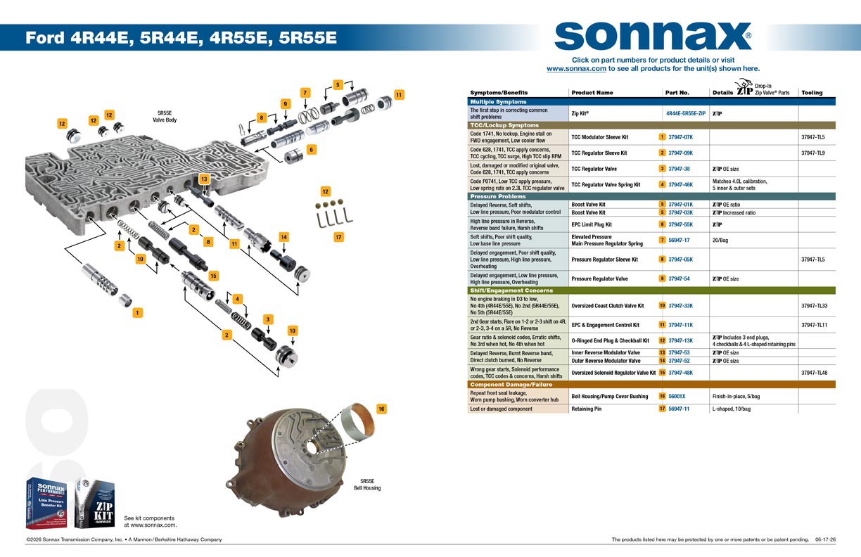 Ford 4R44E, 5R44E, 4R55E, 5R55E Valve Body Layout