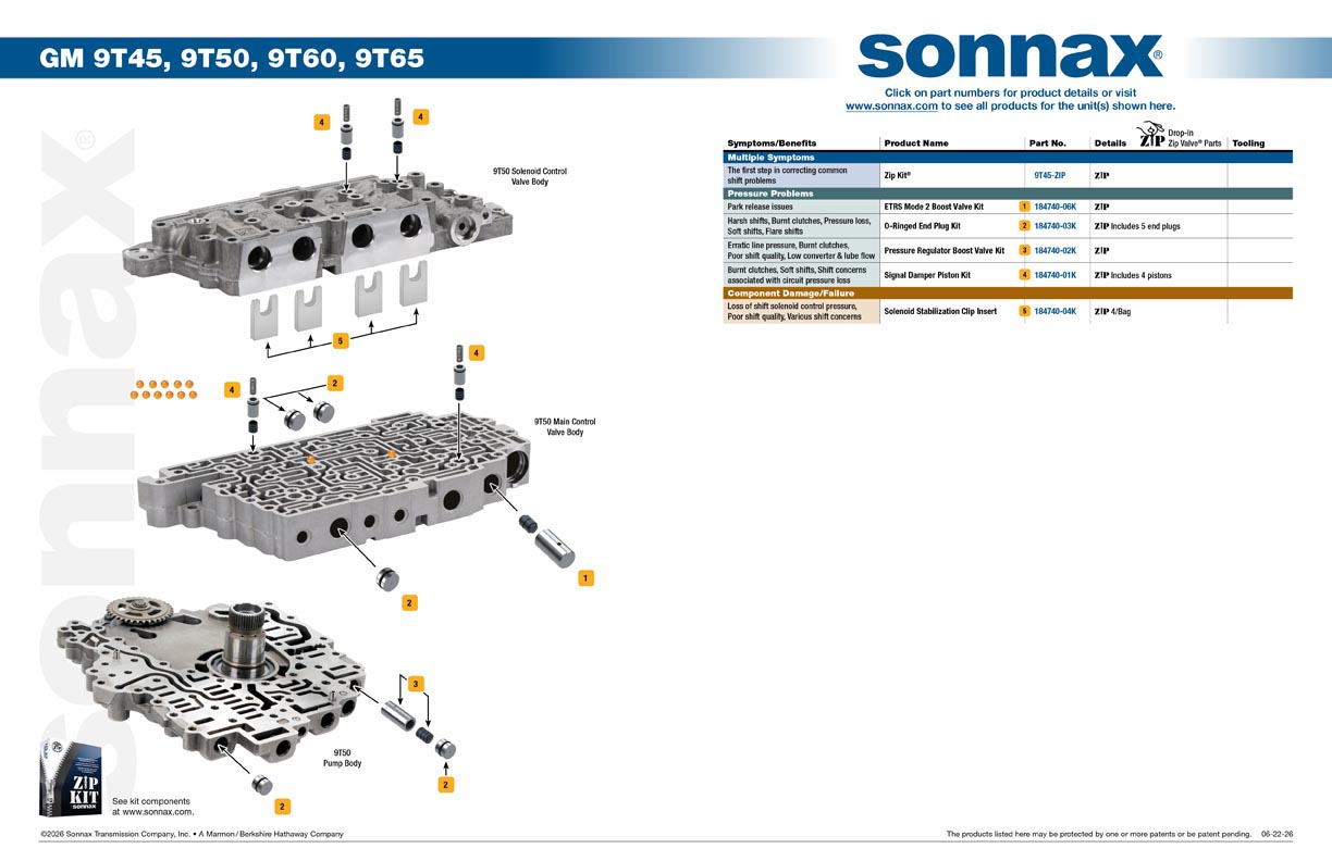 GM 9T45, 9T50, 9T60, 9T65 Valve Body Layout