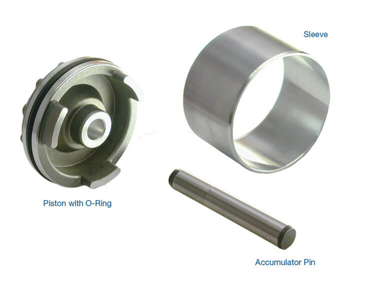 Sonnax 3-4 accumulator sleeve kit comes with an aluminum sleeve, a replacement piston with an O-ring, and a new accumulator pin. It is compatible with all OE accumulator springs.