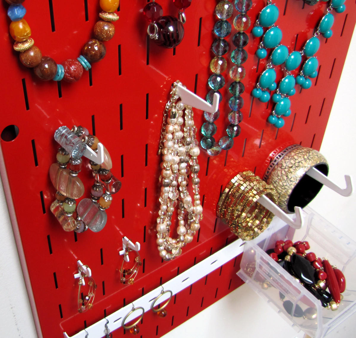 Jewelry Pegboard Organizer - Red Necklace Rack Hanger