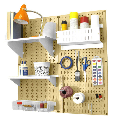 Wall Control gold metal pegboard craft organization kit with white shelves, bins, and accessories for home office or craft room storage.