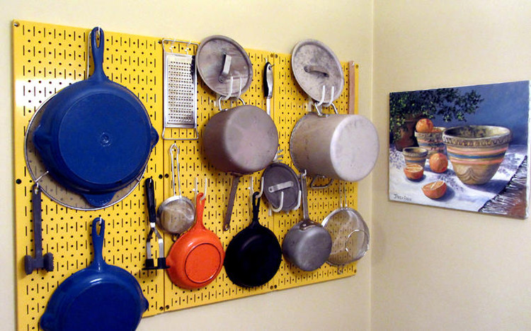 Colorful Kitchen Peg Board Pots and Pans Rack