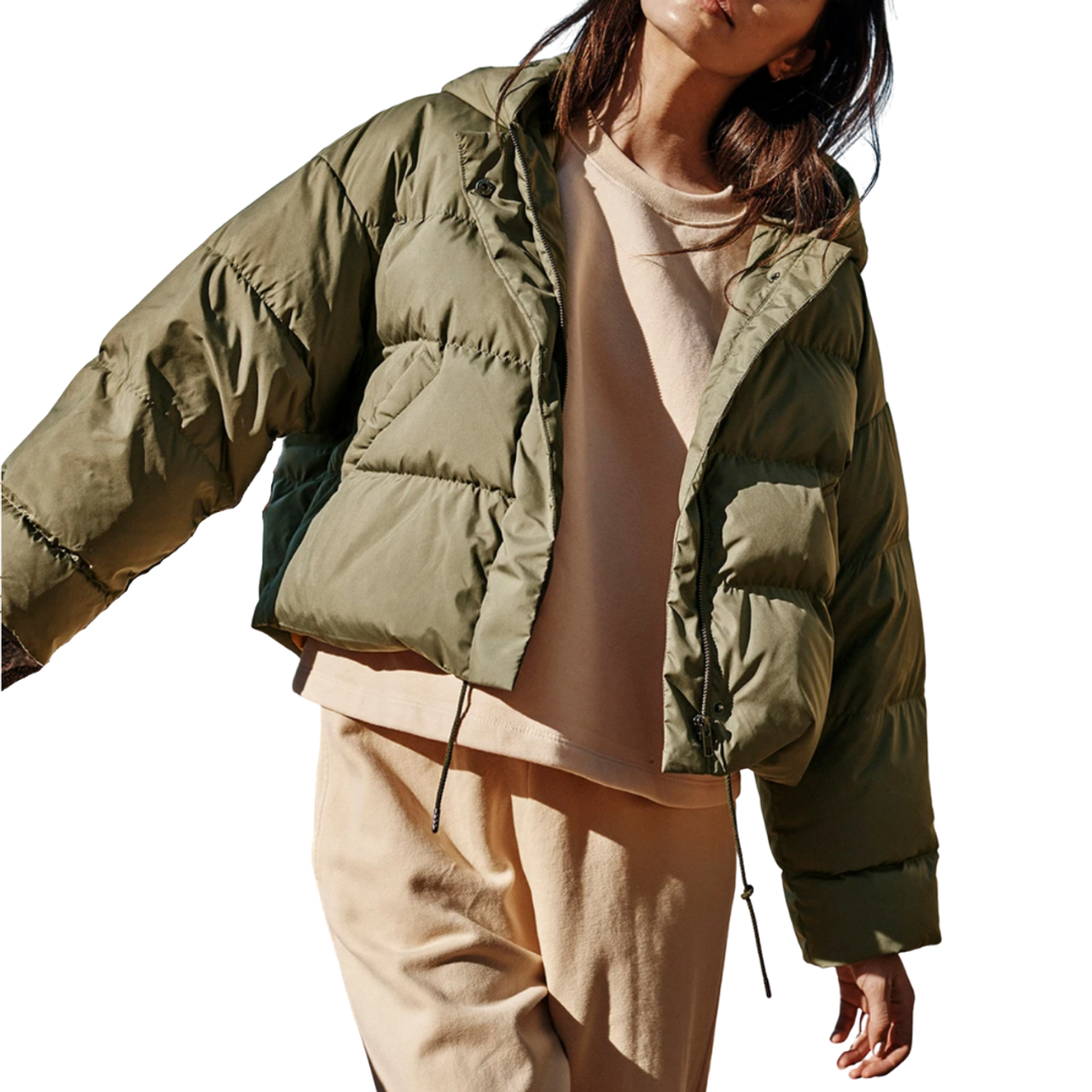 green cropped puffer jacket