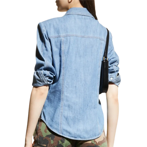 Crawford Seamed Snap-Front Denim Shirt in Mystic Blue