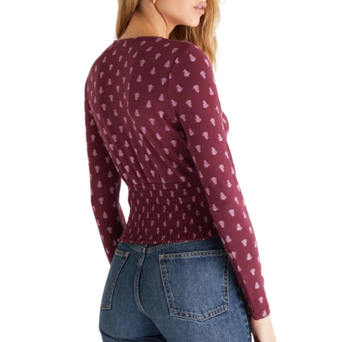 Eliana Ditsy Floral Smocked Long Sleeve Top in Garnet 