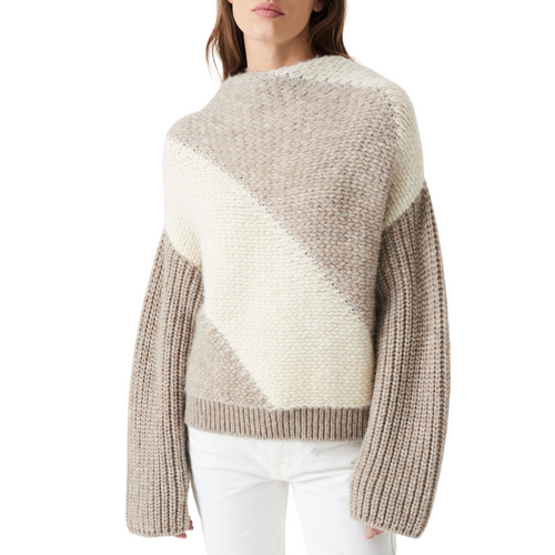 Arzel Two-Tone Round-Neck Sweater in Taupe/Ecru