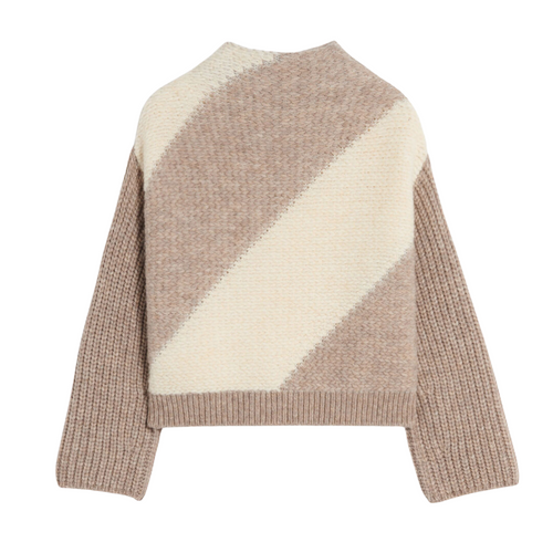 Arzel Two-Tone Round-Neck Sweater in Taupe/Ecru