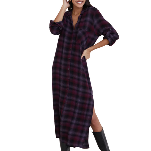 Mayfield Rolled Sleeve Duster Dress in Boysenberry Plaid