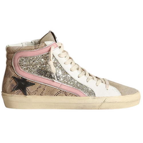 Slide Mid-Top Snake Glitter Sneakers in Platinum/Beige/Taupe 