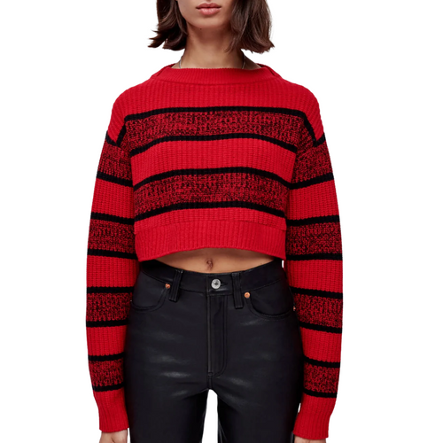 Cropped Boatneck Pullover in Red Black Rugby