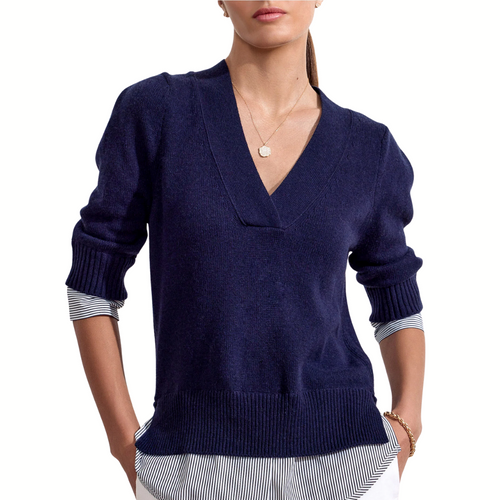 Lucie Layered Vee Looker in Navy with Stripe Woven Underlayer