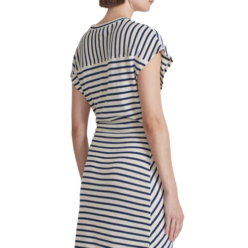 Vanina Cinched Waist Dress in Navy Cream Stripe 