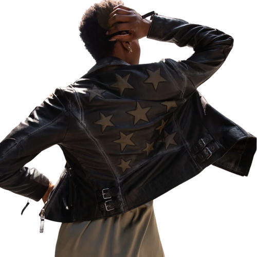 Christy Star Detail Leather Jacket in Black/Olive