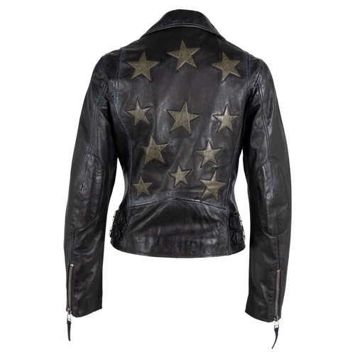 Christy Star Detail Leather Jacket in Black/Olive