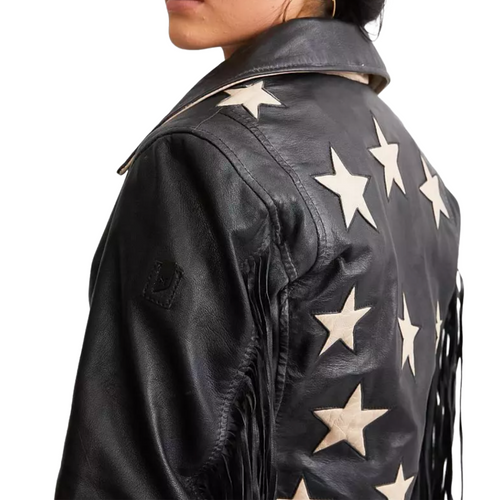 Crissy Star and Fringe Detail Leather Jacket in Black