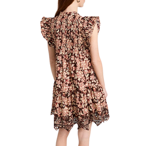 Emelia Print Flutter Sleeve Dress in Brown