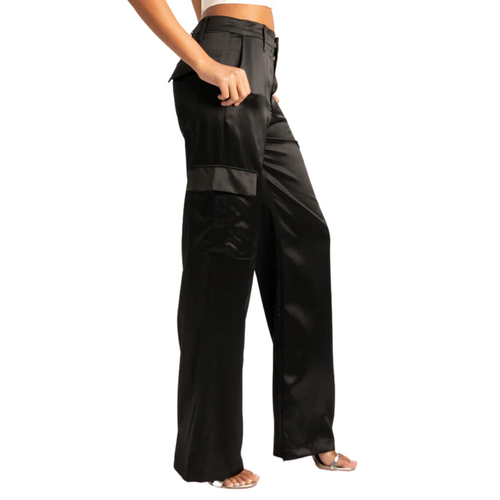 Silk Baggy Cargo Pants in Black