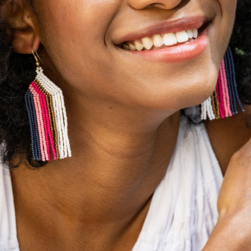 Dolly Vertical Stripe Beaded Fringe Earrings in Hot Pink