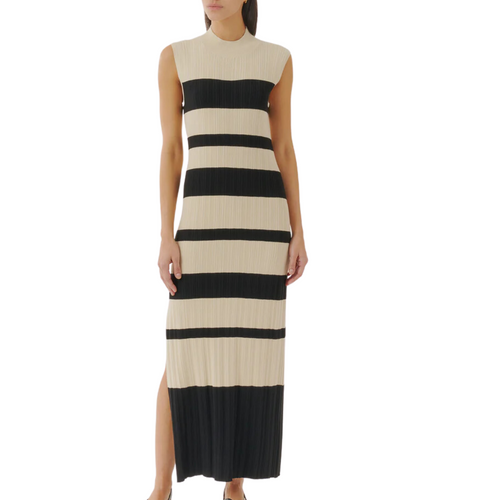 Viscose Variegated Striped Maxi Dress in Linen/Black