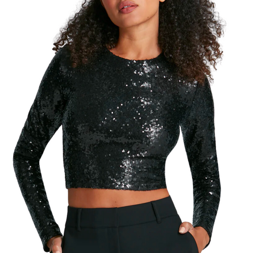 Sequin Long Sleeve Crewneck Crop Top in Black