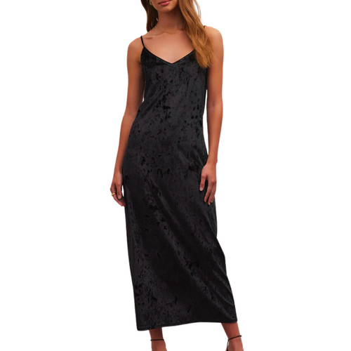 Selina Crushed Velvet Midi Dress in Black