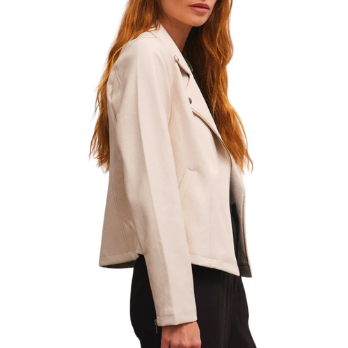 Trina Faux Leather Moto Jacket in Ecru