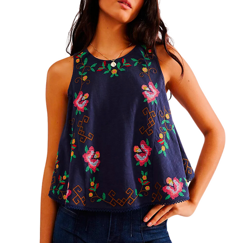 Fun and Flirty Embroidered Top in Cobalt Blue Combo