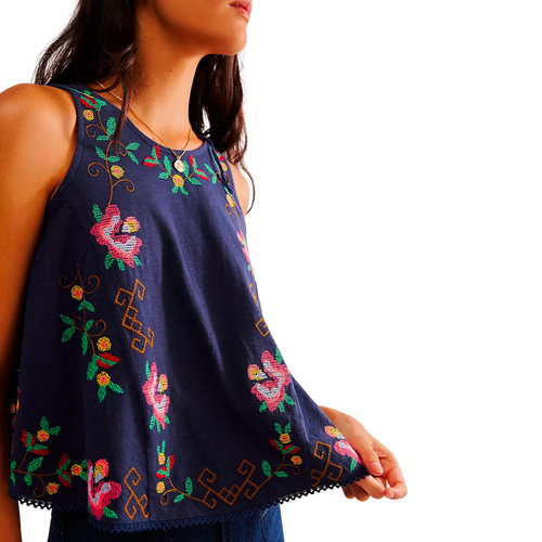 Fun and Flirty Embroidered Top in Cobalt Blue Combo