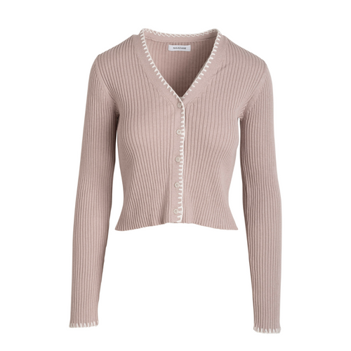 Cotton Cashmere Embroidered Rib Cardigan in Pebble