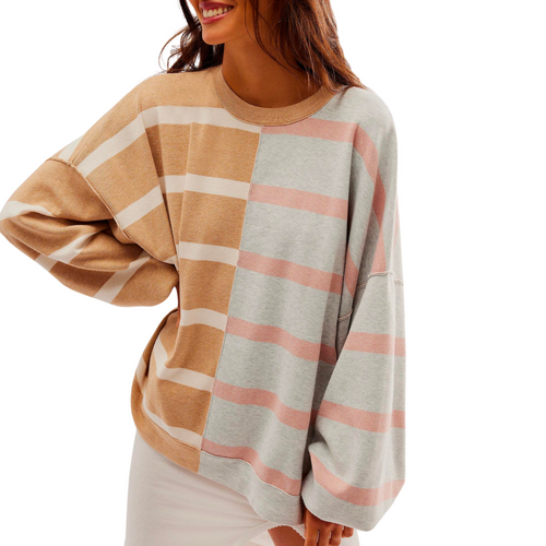 Uptown Stripe Pullover in Camel Grey Combo