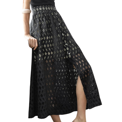 Eyelet Side-Button Maxi Skirt in Black