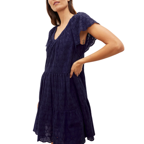 Wynette Embroidered Cotton Dress in Navy