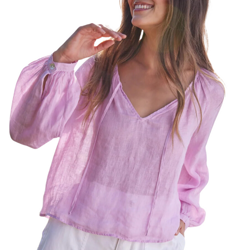 Shirred Linen Raglan Blouse in Light Orchid