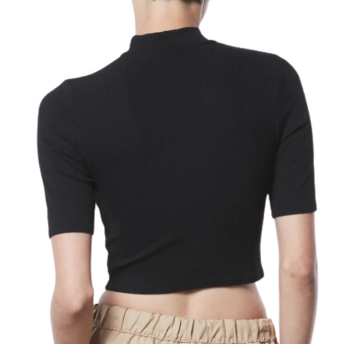 Silk Rib Cropped Half Sleeve Mockneck in Black