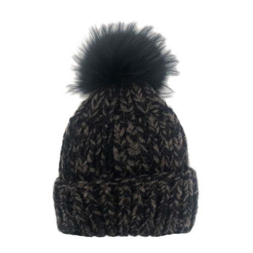 Hand-Knit Alpaca Capa Pom Hat in Marled Black