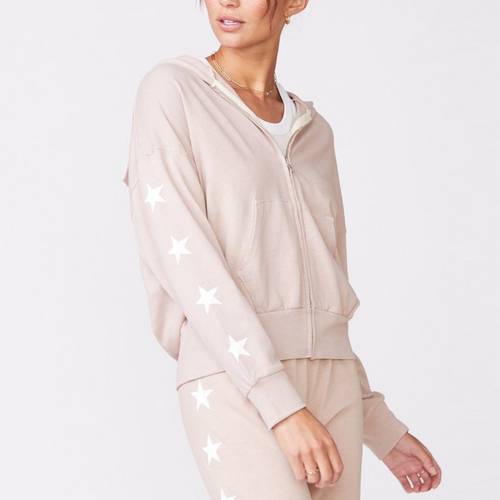 Printed Star Boxy Hoodie in Taupe