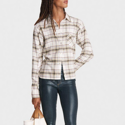 Jonah Cotton Cropped Plaid Shirt in Beige Multi