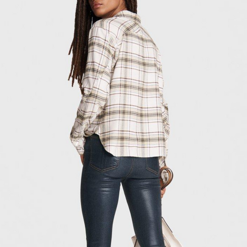 Jonah Cotton Cropped Plaid Shirt in Beige Multi