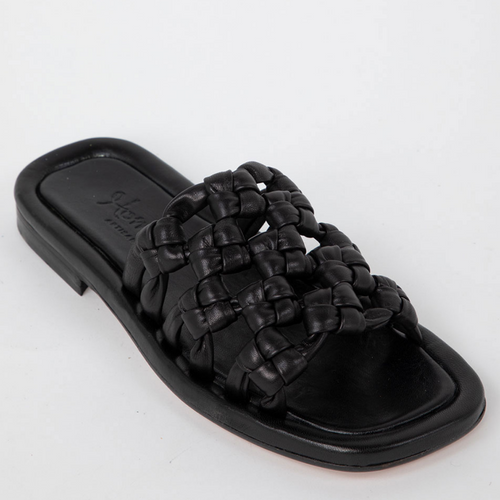Maya Woven Leather Flat Sandal in Black