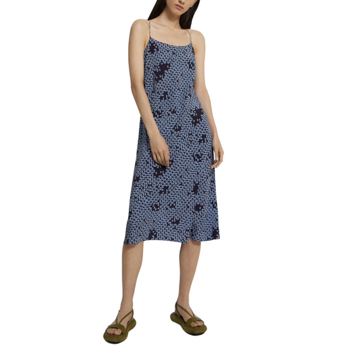Geometric Silk Crepe Smocked Slip Dress in Blue Multi